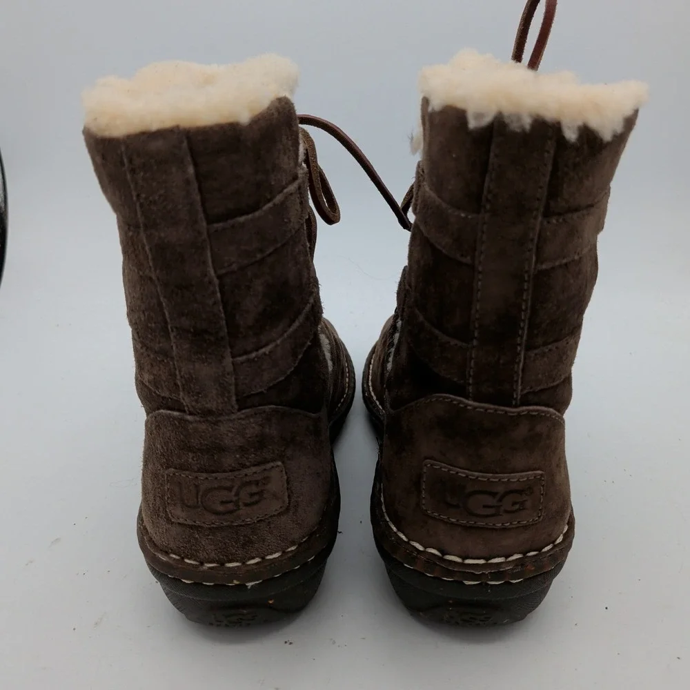 UGG Caspian Shearling 3335 Brown Suede Shearling Lace Up Mid Calf Boots Womens 7